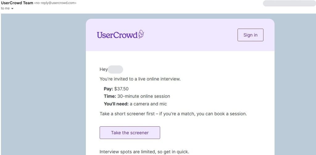 UserCrowd email invite to a 30-minute interview paying 37.50 dollars