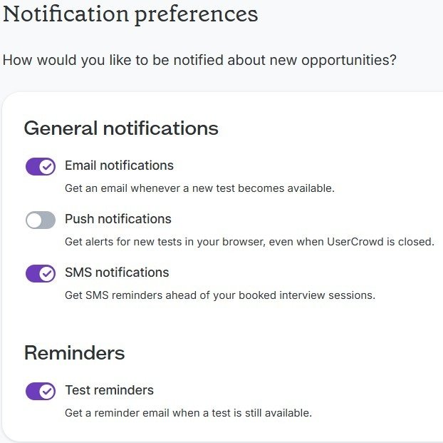 UserCrowd notification settings with email notifications and test reminders on