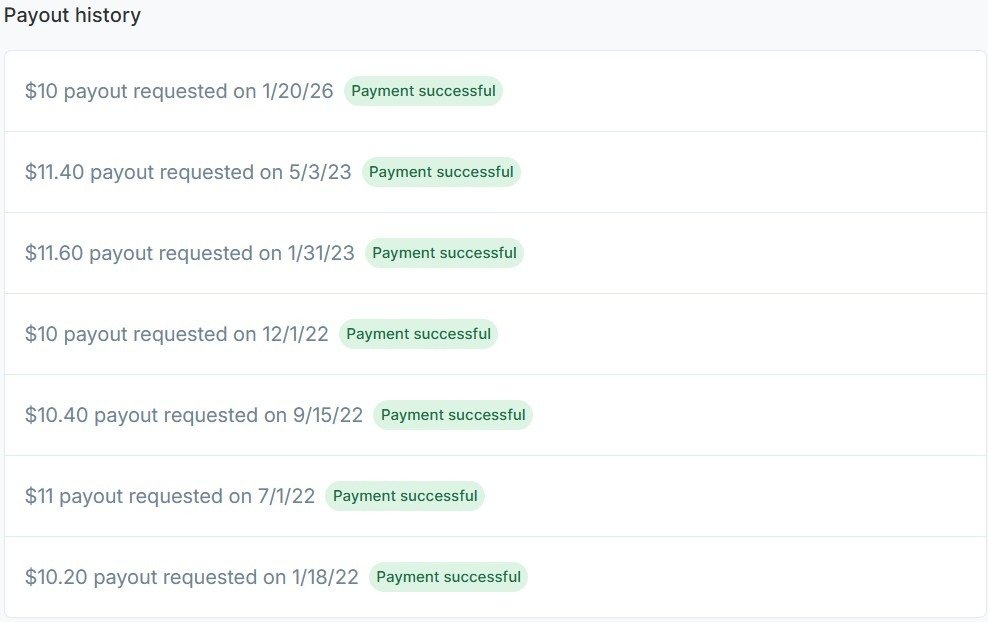 UserCrowd payout history showing 7 successful PayPal payouts