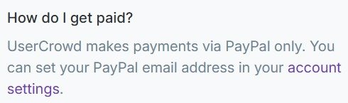 UserCrowd help text saying payments are made via PayPal only