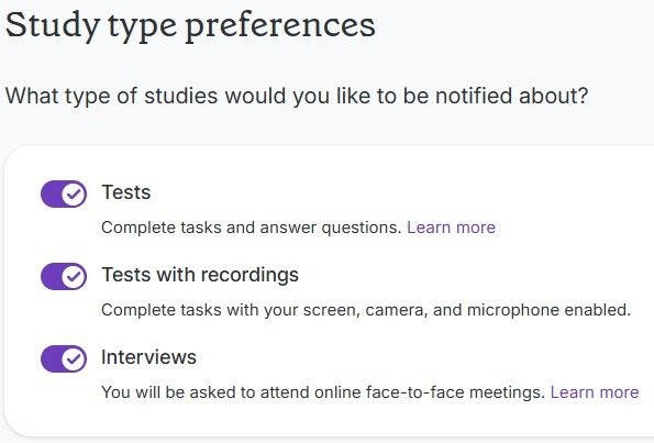 UserCrowd preferences with tests, recorded tests and interviews all turned on