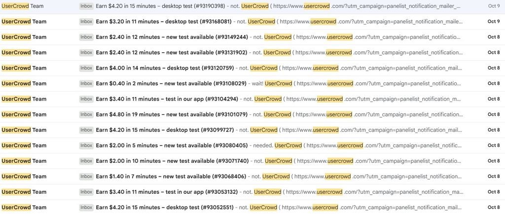 Inbox showing 12 UserCrowd test emails received on October 8