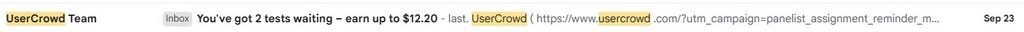 UserCrowd reminder email saying 2 tests are waiting, earn up to 12.20 dollars