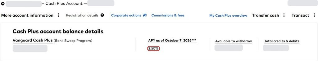 Vanguard Cash Plus account showing 3.50% APY as of October 7, 2026