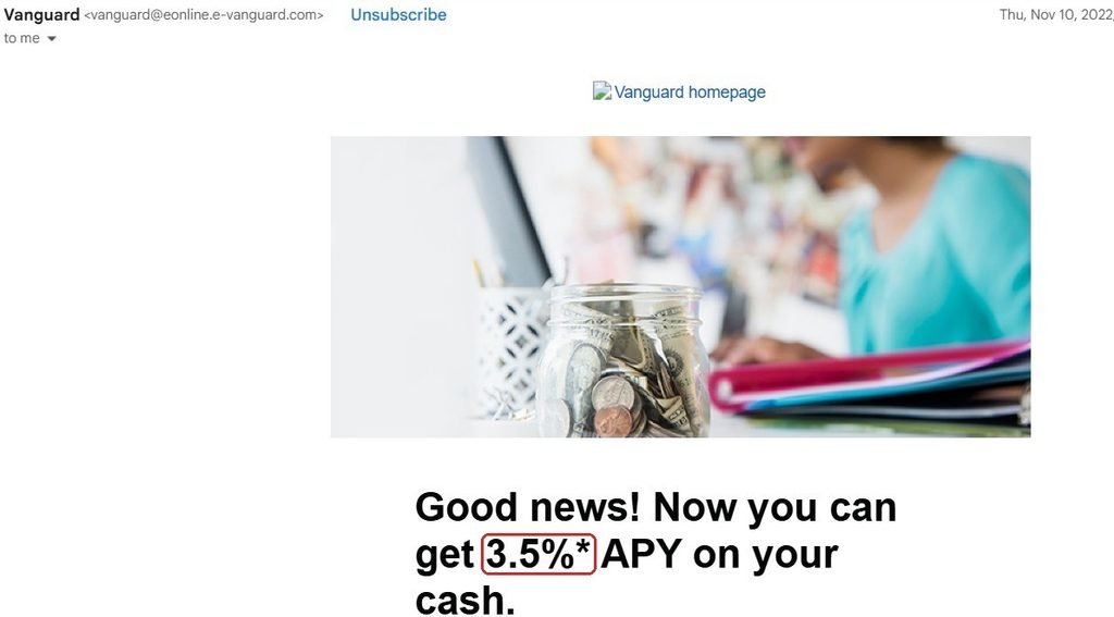 Vanguard email from November 2022 offering 3.5% APY on cash