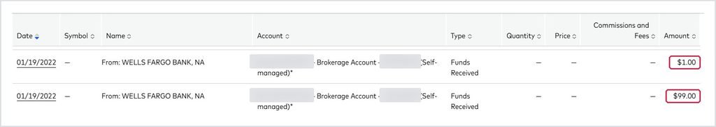 My first $100 deposit to Vanguard from Wells Fargo