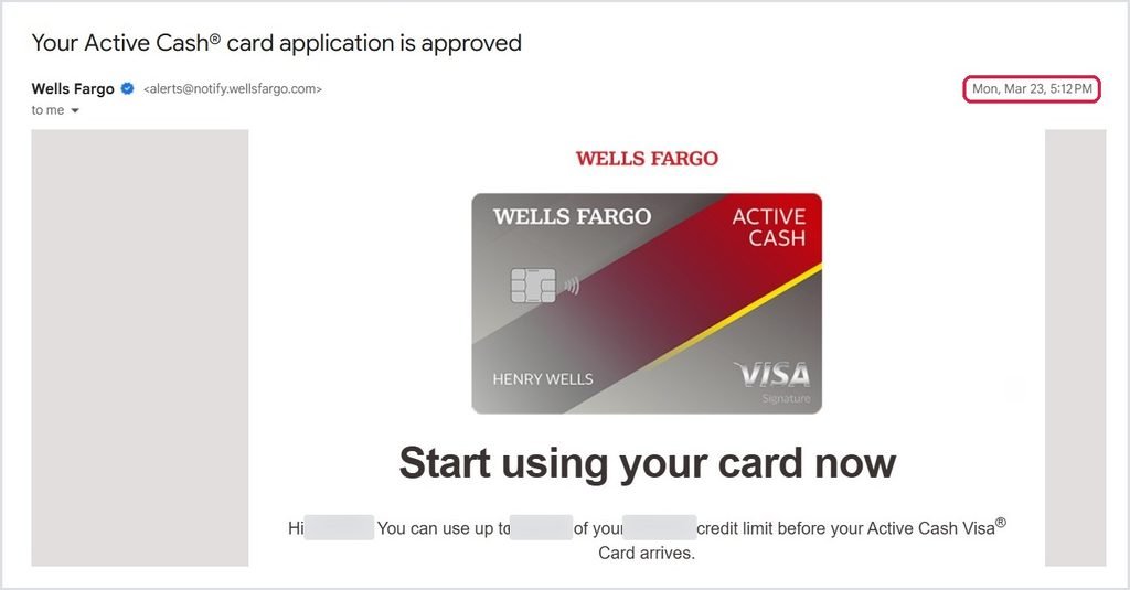 Wells Fargo Active Cash approval email from March 23, 2026
