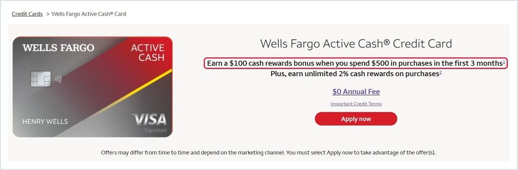 Current Wells Fargo Active Cash offer: $100 bonus and unlimited 2% cash rewards