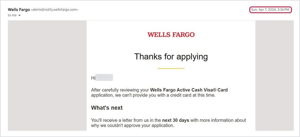 Wells Fargo email from April 2024 denying my Active Cash application