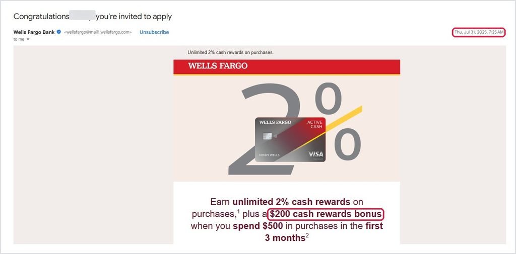 Wells Fargo invite from July 2025 with a $200 cash rewards bonus offer