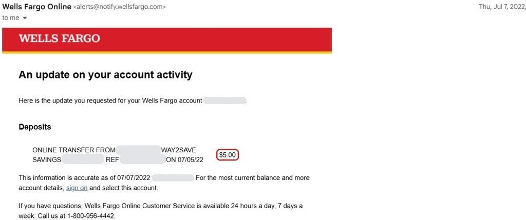 Wells Fargo email showing my last 5 dollars moved from Way2Save savings to checking