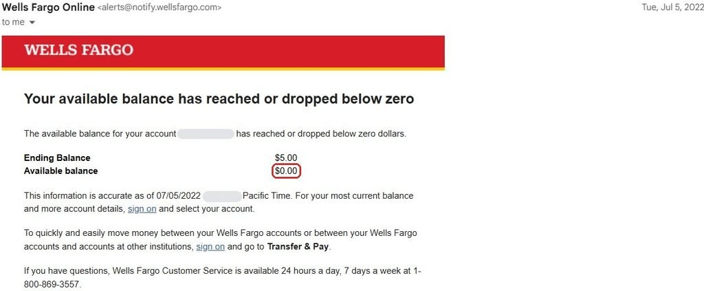 Wells Fargo alert showing my savings account available balance reached zero on July 5, 2022